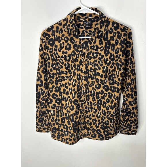 Talbots Button Down V-Neck Long Sleeve Leopard Print Top Blouse Popover Medium P - Picture 1 of 13